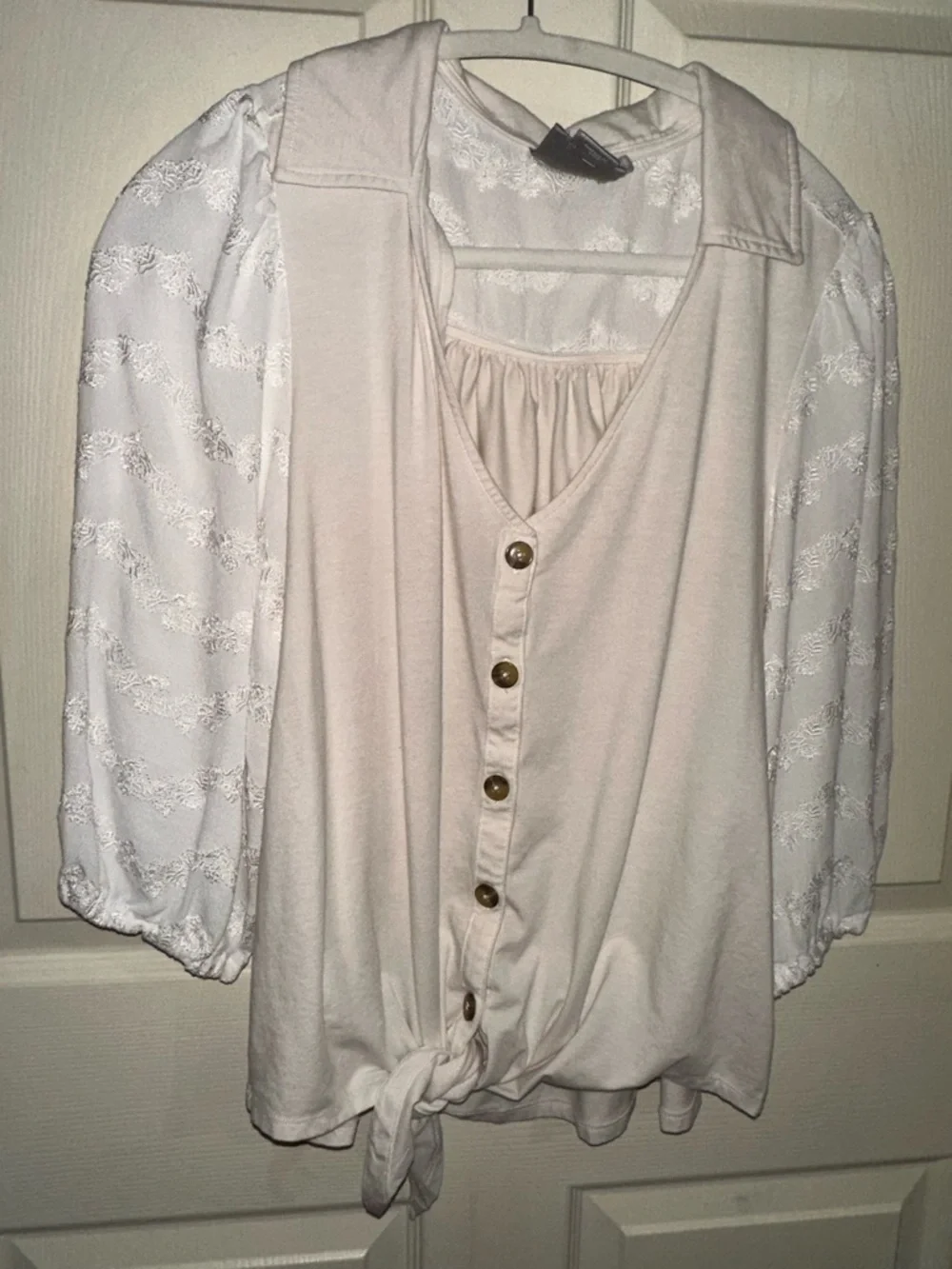 Anthropologie Cream Button-Front Blouse Lace Sleeves L mixed media cottagecore